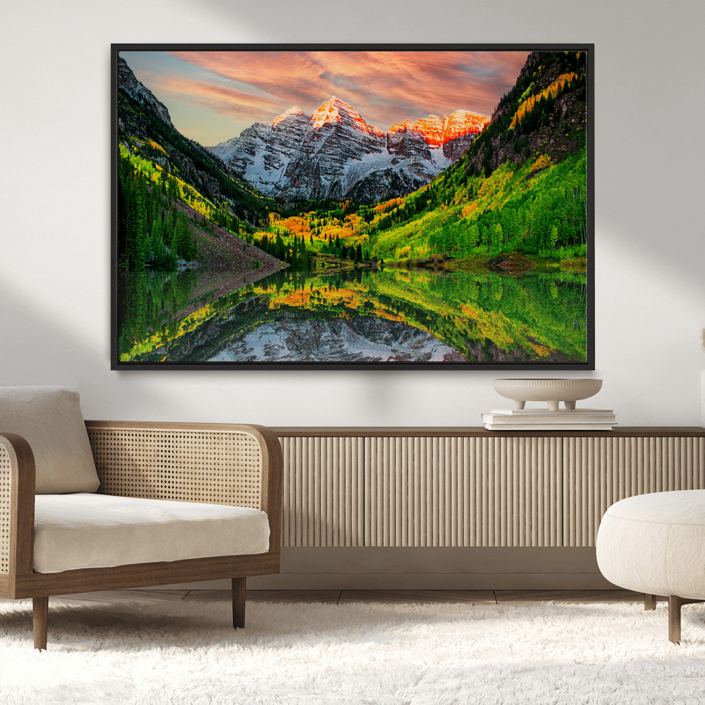 59533484-MGV-CV-36X24-Maroon Bells Autumn Wall Art – Panoramic Mountain Landscape Canvas Print, Sunset Reflection Nature Artwork for Living Room, Office