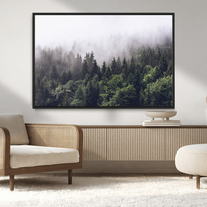 62890402-MGV-CV-36X24-Misty Forest Wall Art Canvas Print, Framed Foggy Pines Art Picture Print, Pine Valley Perfect Moody Woodland Decor Artwork