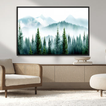 16716676-MGV-CV-36X24-Pine Forest Wall Art Canvas Print, Framed Misty Mountains Art Picture Print, Foggy Trees Perfect Moody Forest Decor Artwork