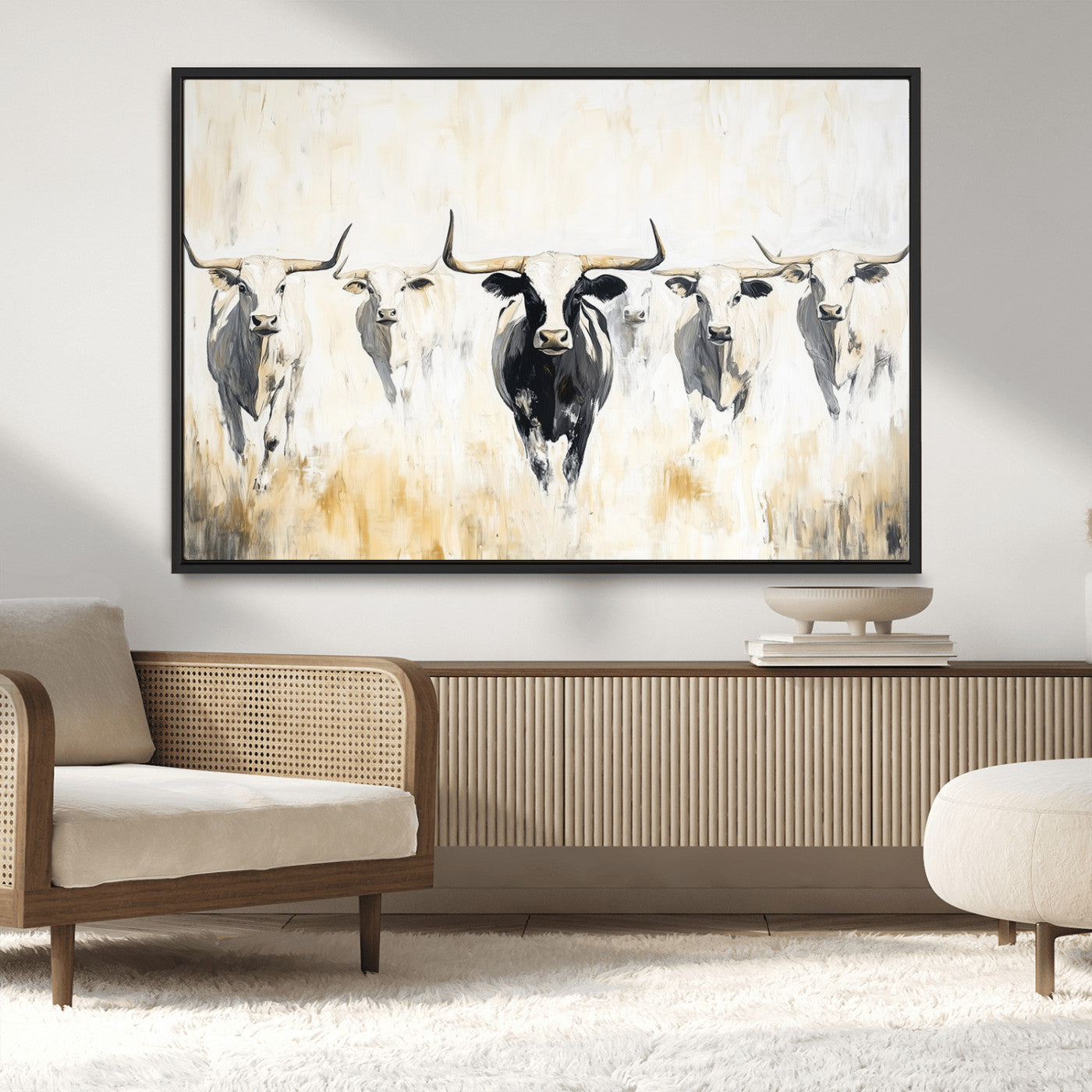 40397799-MGV-CV-36X24-Texas Longhorn Wall Art Canvas Print, Framed Rustic Herd Art Picture Print, Western Bull Perfect Neutral Western Decor Artwork