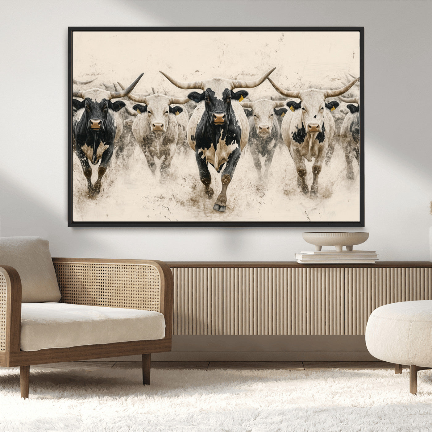61538944-MGV-CV-36X24-Texas Longhorn Wall Art Canvas Print, Framed Cattles Walking Art Picture Print, Black White Bulls Perfect Rustic Western Decor