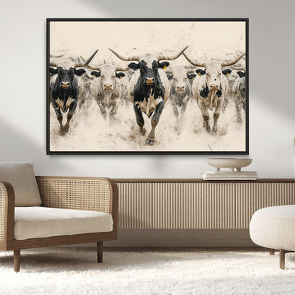 61538944-MGV-CV-36X24-Texas Longhorn Wall Art Canvas Print, Framed Cattles Walking Art Picture Print, Black White Bulls Perfect Rustic Western Decor