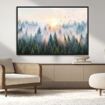92718976-MGV-CV-36X24-Misty Forest Wall Art Canvas Print, Framed Sunrise Pines Art Picture Print, Foggy Woodland Perfect Moody Woodland Decor Artwork