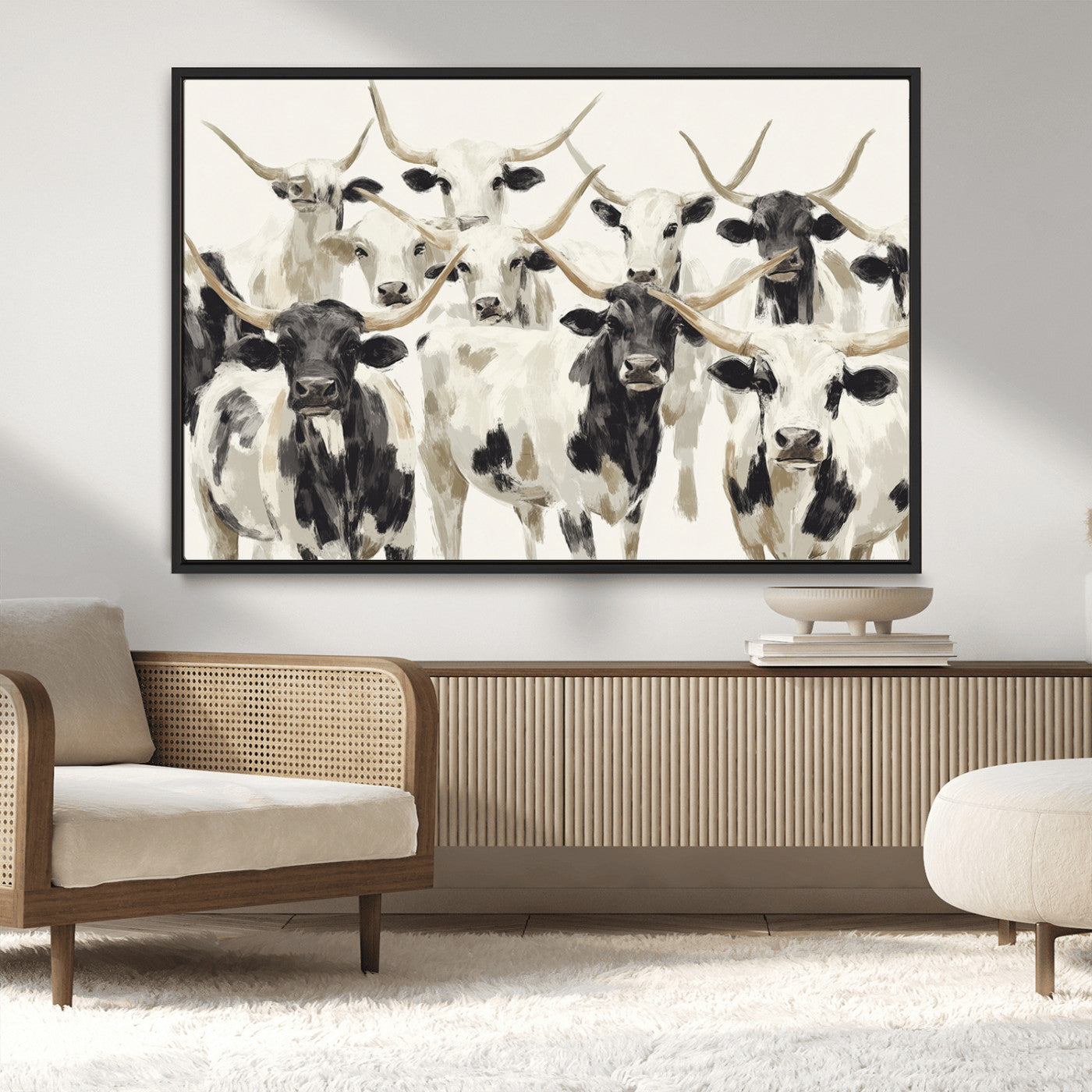 52947970-MGV-CV-36X24-Texas Longhorn Wall Art Canvas Print, Framed Cattle Herd Art Picture Print, Herd Portrait Perfect Modern Farmhouse Decor Artwork