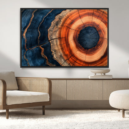 41123192-MGV-CV-36X24-Tree Ring Canvas Wall Art – Abstract Blue Orange Wood Grain Print, Rustic Modern Nature Artwork for Living Room, Bedroom, Office