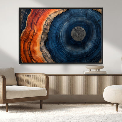 99491700-MGV-CV-36X24-Tree Ring Canvas Wall Art – Blue Orange Abstract Wood Grain Print, Rustic Modern Nature Artwork for Living Room, Office, Bedroom