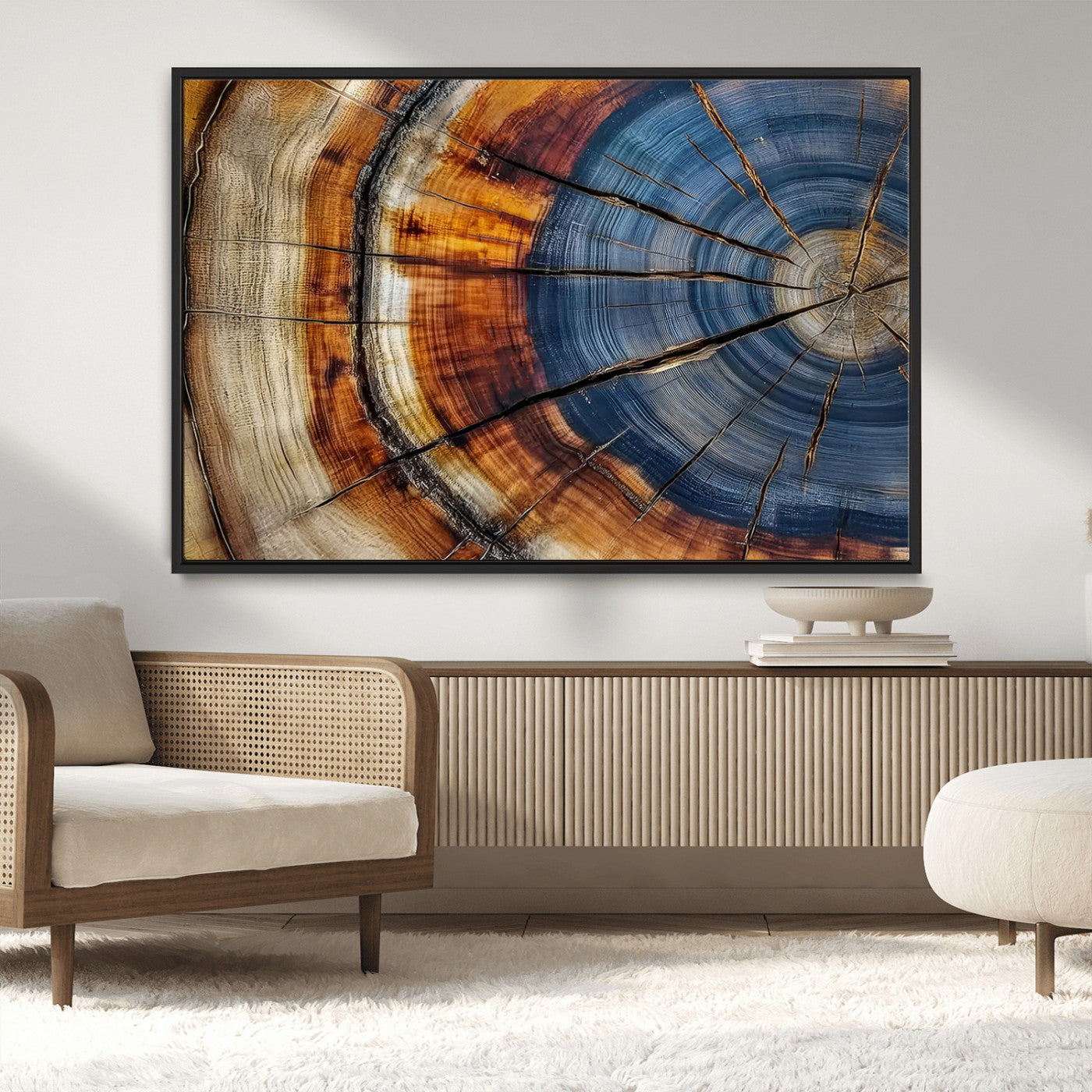 18032999-MGV-CV-36X24-Tree Ring Wall Art – Blue Brown Abstract Wood Slice Canvas Print, Rustic Modern Nature Decor for Living Room, Office, Bedroom or