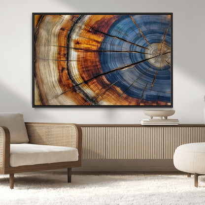 18032999-MGV-CV-36X24-Tree Ring Wall Art – Blue Brown Abstract Wood Slice Canvas Print, Rustic Modern Nature Decor for Living Room, Office, Bedroom or