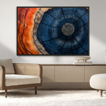 26110607-MGV-CV-36X24-Blue and Orange Tree Ring Wall Art – Abstract Wood Cross Section Canvas Print, Modern Rustic Nature Decor for Living Room, Office,