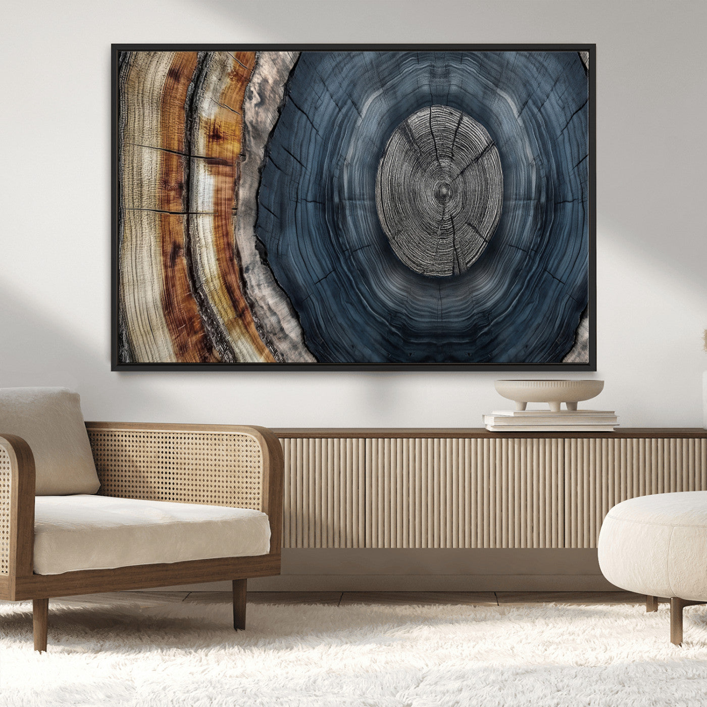91368647-MGV-CV-36X24-Tree Ring Wall Art – Natural Rustic Wood Texture Canvas Print, Farmhouse Log Cabin Decor, Framed Abstract Tree Stump for Living