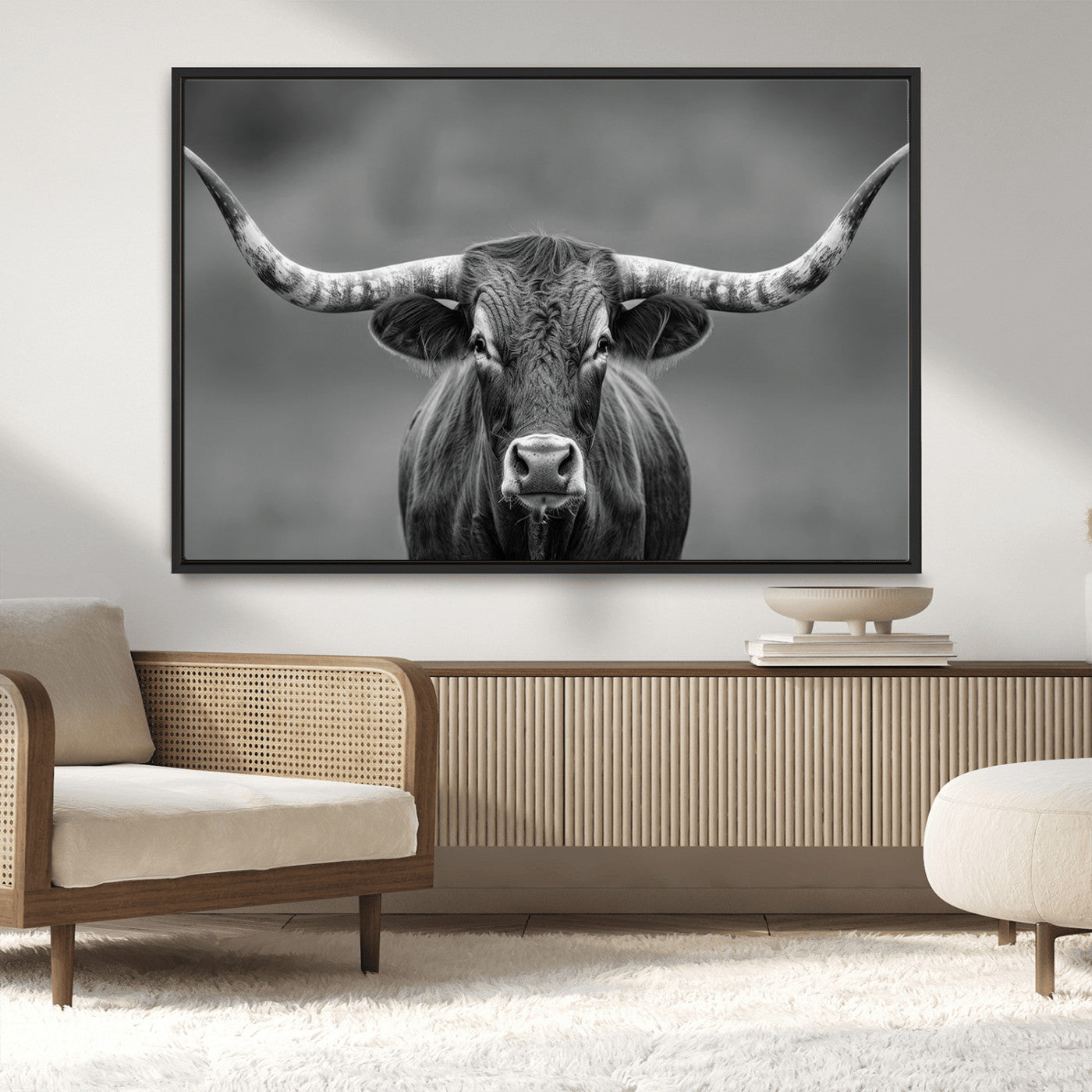 81228550-MGV-CV-36X24-Framed Texas Longhorn Bull Art Canvas Print, Western Bull Wall Art Print, Long Horn Bull Photo Print for Log Cabin, Large Bull
