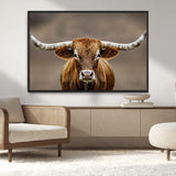 12179171-MGV-CV-36X24-Texas Longhorn Wall Art Canvas Print, Framed Brown Bull Art Picture Print, Lone Cattle Perfect Rustic Western Decor Artwork