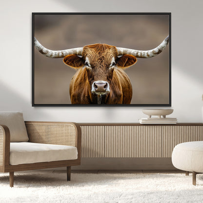 12179171-MGV-CV-36X24-Texas Longhorn Wall Art Canvas Print, Framed Brown Bull Art Picture Print, Lone Cattle Perfect Rustic Western Decor Artwork