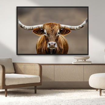 12179171-MGV-CV-36X24-Texas Longhorn Wall Art Canvas Print, Framed Brown Bull Art Picture Print, Lone Cattle Perfect Rustic Western Decor Artwork