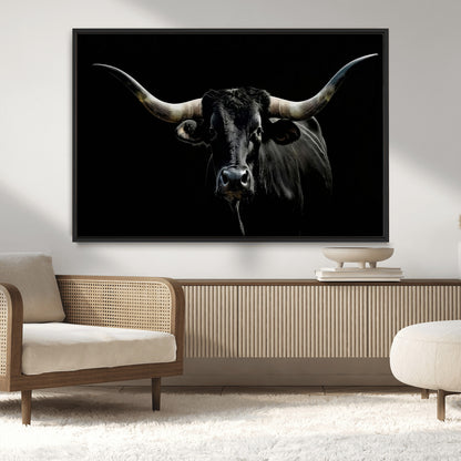 37531960-MGV-CV-36X24-Black Longhorn Bull Wall Art – Dramatic Western Cattle Canvas Print, Rustic Farmhouse Animal Artwork for Living Room, Bedroom,