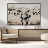 27497342-MGV-CV-36X24-Texas Longhorn Wall Art Canvas Print, Framed Speckled Cow Art Picture Print, Horned Cattle Perfect Rustic Western Decor Artwork