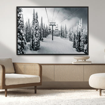 31156828-MGV-CV-36X24-Snowy Pines Wall Art Canvas Print, Framed Ski Lift Art Picture Print, Winter Forest Perfect Moody Lodge Decor Artwork
