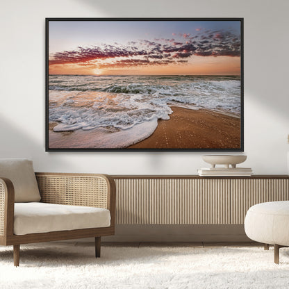 39846389-MGV-CV-36X24-Ocean Sunset Wall Art Canvas Print, Framed Sandy Shore Art Picture Print, Gentle Waves Perfect Minimalist Coastal Decor Artwork