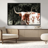 54027638-MGV-CV-36X24-Texas Longhorn Wall Art Canvas Print, Framed Spotted Cow Art Picture Print, Horned Bull Perfect Rustic Western Decor Artwork