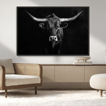 42077175-MGV-CV-36X24-Texas Longhorn Wall Art Canvas Print, Framed Monochrome Bull Art Picture Print, Horned Bull Perfect Rustic Western Decor Artwork