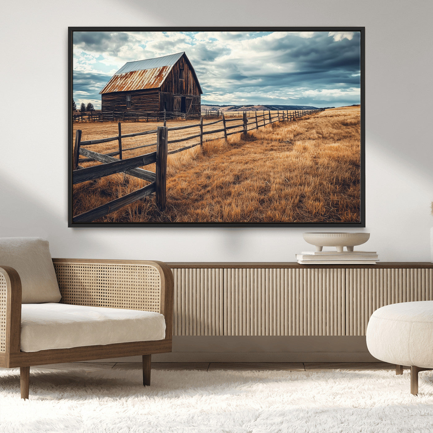 69356982-MGV-CV-36X24-Old Barn Wall Art Canvas Print, Framed Rustic Fence Art Picture Print, Wooden Farmhouse Perfect Rustic Farmhouse Decor Artwork