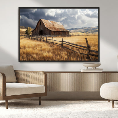 38758826-MGV-CV-36X24-Rustic Barn Wall Art Canvas Print, Framed Moody Barn Art Picture Print, Golden Field Perfect Rustic Farmhouse Decor Artwork