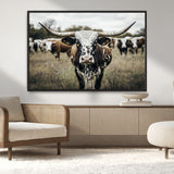 79025945-MGV-CV-36X24-Texas Longhorn Wall Art Canvas Print, Framed Speckled Cow Art Picture Print, Horned Cattle Perfect Rustic Western Decor Artwork
