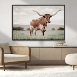 28309012-MGV-CV-36X24-Texas Longhorn Wall Art Canvas Print, Framed Spotted Cattle Art Picture Print, Horned Bull Perfect Rustic Western Decor Artwork
