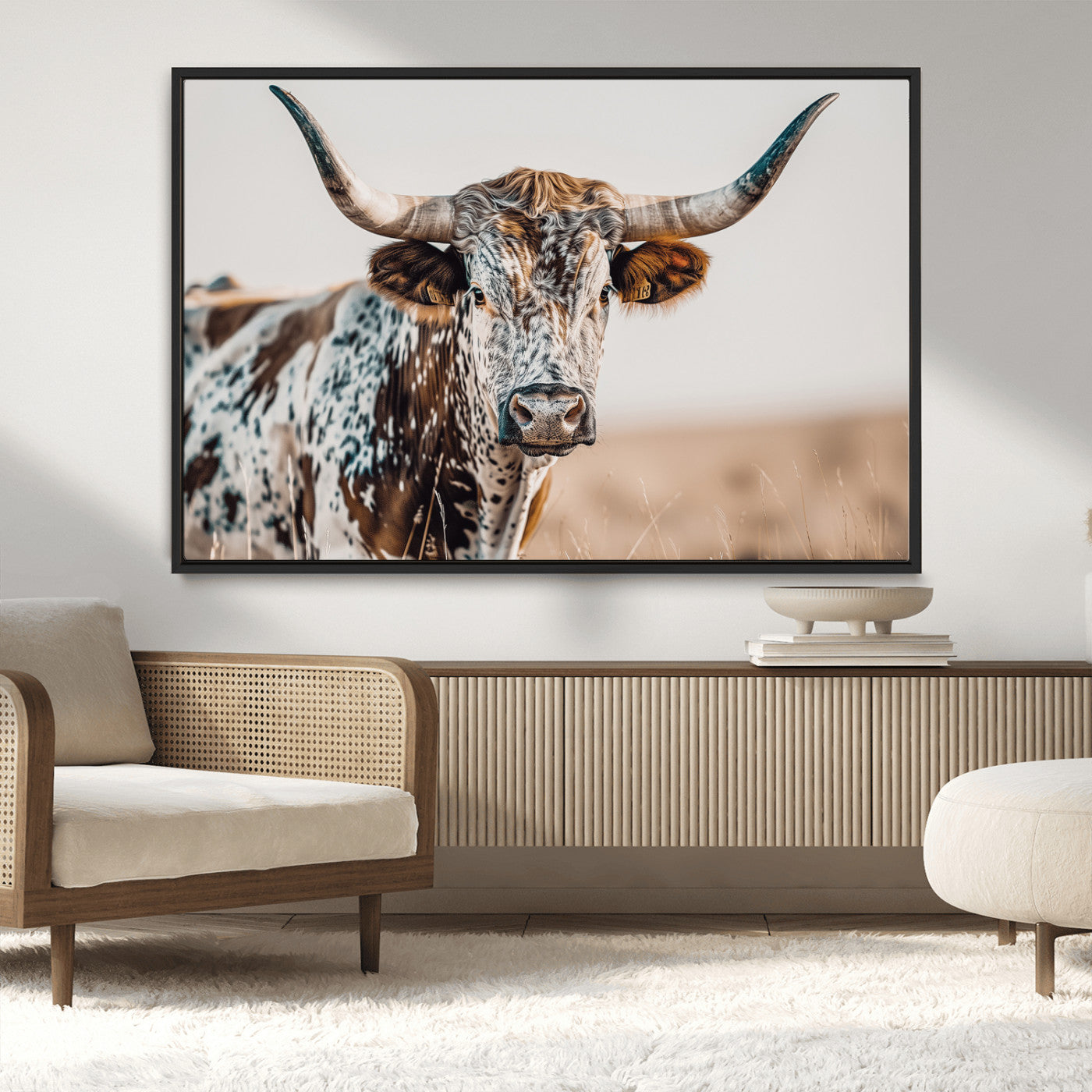70414966-MGV-CV-36X24-Texas Longhorn Wall Art Canvas Print, Framed Speckled Cow Art Picture Print, Horned Bull Perfect Rustic Western Decor Artwork
