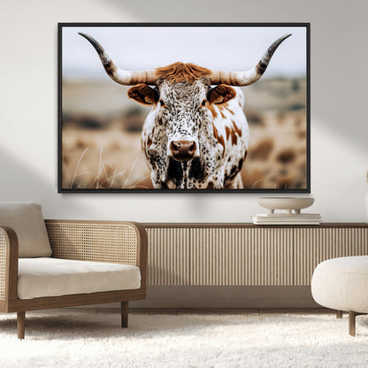 76294381-MGV-CV-36X24-Texas Longhorn Wall Art Canvas Print, Framed Spotted Cow Art Picture Print, Horned Cattle Perfect Rustic Western Decor Artwork