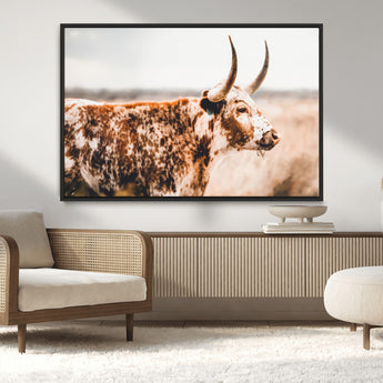 11528295-MGV-CV-36X24-Speckled Longhorn Wall Art Canvas Print, Framed Texas Cattle Art Picture Print, Horned Cow Perfect Rustic Western Decor Artwork