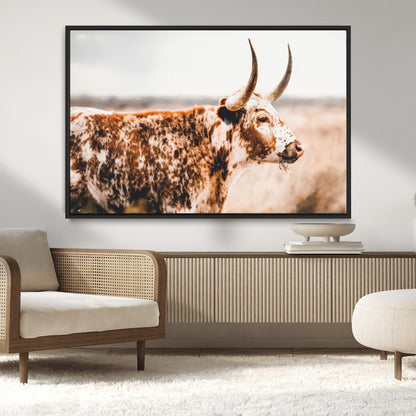 11528295-MGV-CV-36X24-Speckled Longhorn Wall Art Canvas Print, Framed Texas Cattle Art Picture Print, Horned Cow Perfect Rustic Western Decor Artwork