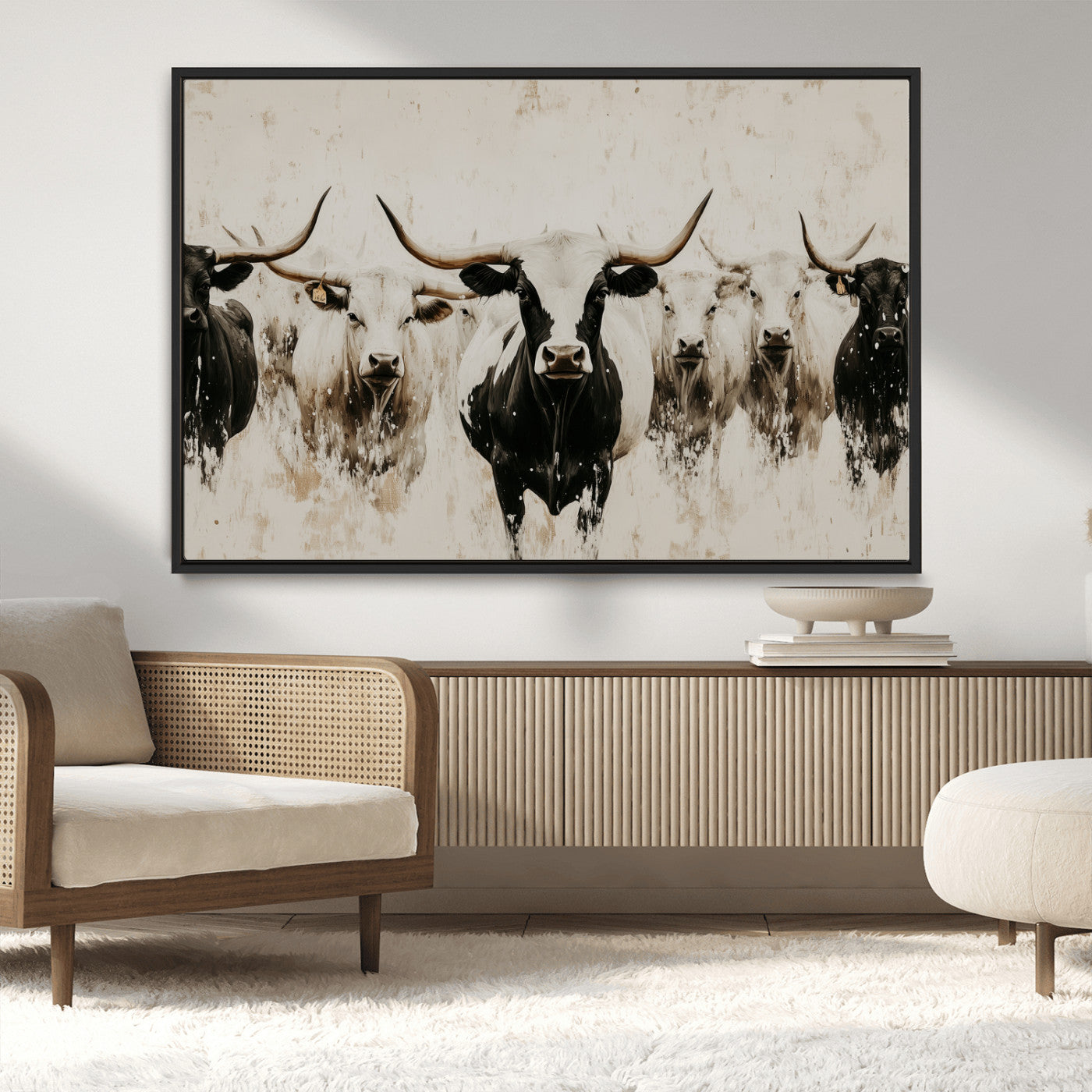 12027562-MGV-CV-36X24-Longhorn Cattle Wall Art Canvas Print, Framed Bison Herd Art Picture Print, Cattle Group Perfect Rustic Farmhouse Decor Artwork