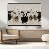 12027562-MGV-CV-36X24-Longhorn Cattle Wall Art Canvas Print, Framed Bison Herd Art Picture Print, Cattle Group Perfect Rustic Farmhouse Decor Artwork