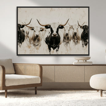 12027562-MGV-CV-36X24-Longhorn Cattle Wall Art Canvas Print, Framed Bison Herd Art Picture Print, Cattle Group Perfect Rustic Farmhouse Decor Artwork