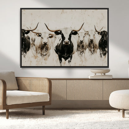 12027562-MGV-CV-36X24-Longhorn Cattle Wall Art Canvas Print, Framed Bison Herd Art Picture Print, Cattle Group Perfect Rustic Farmhouse Decor Artwork