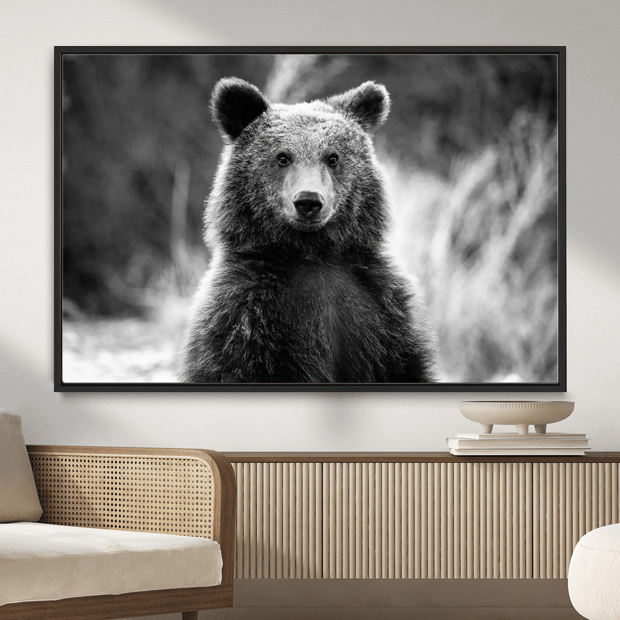 MGV-FC-36X24 - Grizzly Bear Wall Art Canvas Print, Framed Black White Bear Art Picture Print, Wild Bear Perfect Rustic Wildlife Decor Artwork