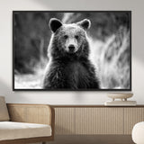 MGV-FC-36X24 - Grizzly Bear Wall Art Canvas Print, Framed Black White Bear Art Picture Print, Wild Bear Perfect Rustic Wildlife Decor Artwork