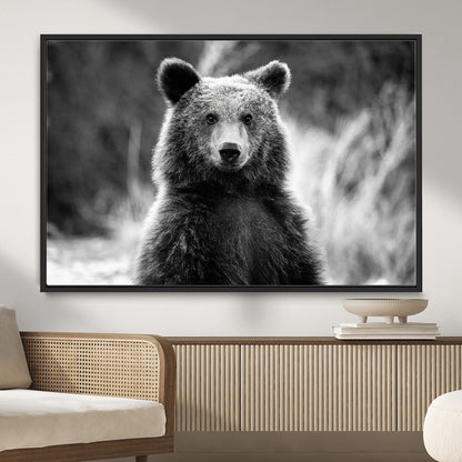 MGV-FC-36X24 - Grizzly Bear Wall Art Canvas Print, Framed Black White Bear Art Picture Print, Wild Bear Perfect Rustic Wildlife Decor Artwork