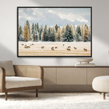 64188182-MGV-CV-36X24-Elk Herd Wall Art Canvas Print, Framed Snowy Forest Art Picture Print, Forest Elks Perfect Neutral Rustic Decor Artwork
