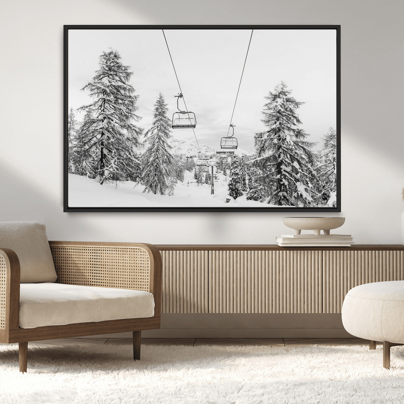 55003599-MGV-CV-36X24-Snowy Ski Lift Wall Art Canvas Print, Framed Winter Forest Art Picture Print, Ski lift Ride Perfect Winter Lodge Decor Artwork