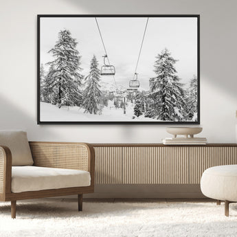 55003599-MGV-CV-36X24-Snowy Ski Lift Wall Art Canvas Print, Framed Winter Forest Art Picture Print, Ski lift Ride Perfect Winter Lodge Decor Artwork