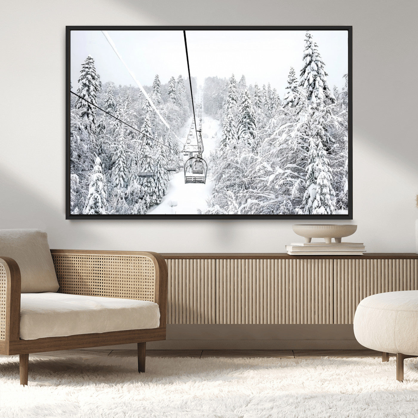 60296839-MGV-CV-36X24-Snowy Mountains Wall Art Canvas Print, Framed Ski Lift Art Picture Print, Winter Forest Perfect Winter Minimalist Decor Artwork