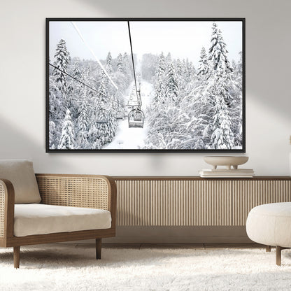 60296839-MGV-CV-36X24-Snowy Mountains Wall Art Canvas Print, Framed Ski Lift Art Picture Print, Winter Forest Perfect Winter Minimalist Decor Artwork