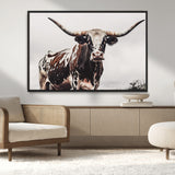 95249234-MGV-CV-36X24-Texas Longhorn Wall Art Canvas Print, Framed Spotted Bull Art Picture Print, Horned Cattle Perfect Rustic Farmhouse Decor Artwork