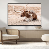 91248682-MGV-CV-36X24-Texas Longhorn Wall Art Canvas Print, Framed Resting Bull Art Picture Print, Spotted Cattle Perfect Rustic Western Decor Artwork