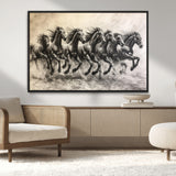 56089591-MGV-CV-36X24-Galloping Horses Wall Art Canvas Print, Framed Wild Stallions Art Picture Print, Horse Herd Sketch Perfect Monochrome Dynamic