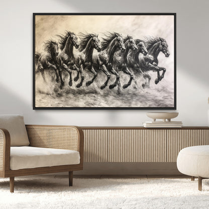 56089591-MGV-CV-36X24-Galloping Horses Wall Art Canvas Print, Framed Wild Stallions Art Picture Print, Horse Herd Sketch Perfect Monochrome Dynamic
