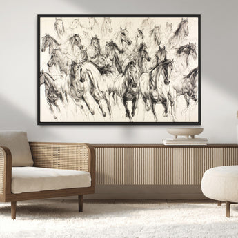 19433417-MGV-CV-36X24-Running Horses Wall Art Canvas Print, Framed Horse Sketch Art Picture Print, Galloping Herd Perfect Monochrome Western Decor