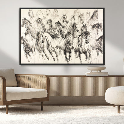 19433417-MGV-CV-36X24-Running Horses Wall Art Canvas Print, Framed Horse Sketch Art Picture Print, Galloping Herd Perfect Monochrome Western Decor
